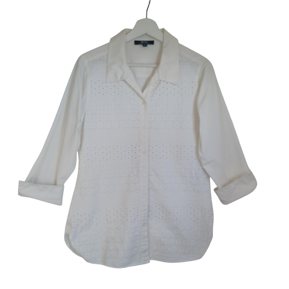 Eric Signature Womens White Eyelet Lace Front Button Down Shirt 3/4 Sleeve Med
